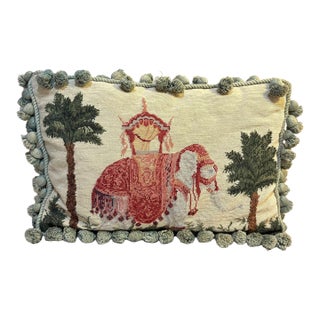 Elephant Needlepoint / Green Velvet Pompom Fringe Pillow For Sale