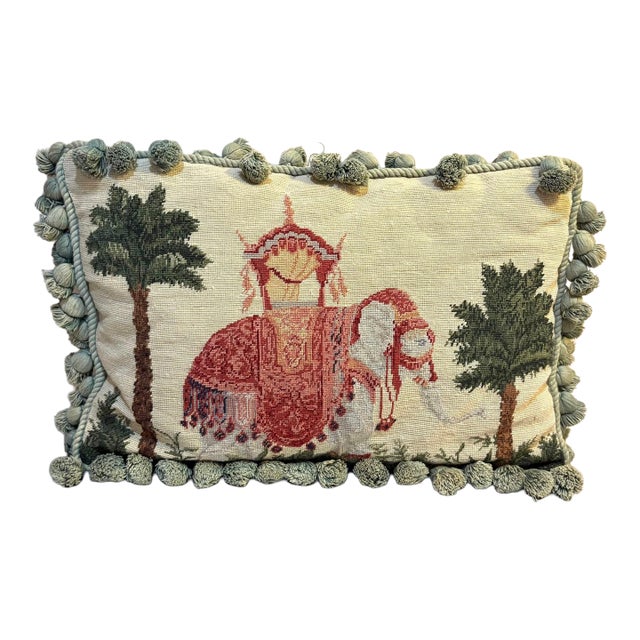 Elephant Needlepoint / Green Velvet Pompom Fringe Pillow For Sale