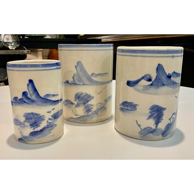 1970s Chinese Blue & White Brush Pots- Set of 3 For Sale - Image 5 of 5