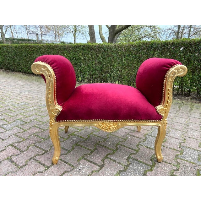 Red 1970 French Artisan Louis XVI Red Velvet Beech Bench For Sale - Image 8 of 8