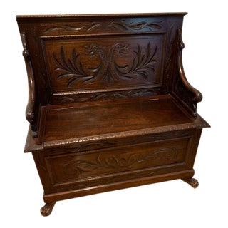 Late 19th Century Jacobean Style English Oak Carved Monk Bench For Sale