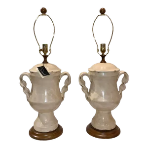 John Richard Cream Glazed Pottery Urn Table Lamps Pair