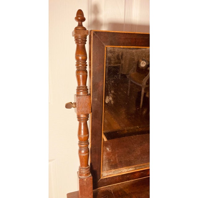Antique English Federal Bow Front “Dressing Glass” Table Mirror Mahogany With Satinwood Inlay Triple Drawer For Sale - Image 4 of 11