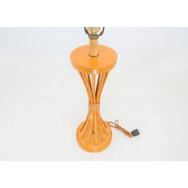Boho Chic 1950s Louis Sognot Style Bamboo Rattan Table Lamp With Stitched Parchment Shade For Sale - Image 3 of 13