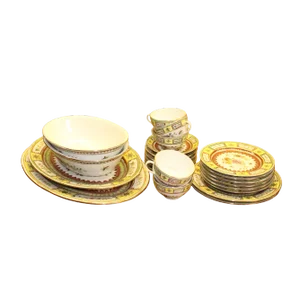 Set Chinese Vintage Yellow Floral Theme White Base Porcelain Teacups Plates
