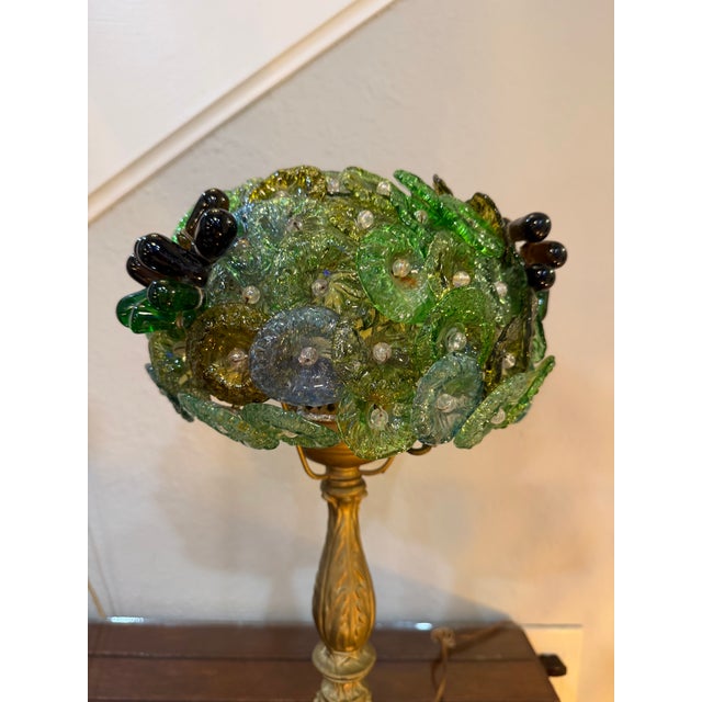 Beautiful 1970s Hollywood Regency Hand Blown Murano Glass Textured Translucent Blue, Green and Yellow Flowers Lampshade With Original Base For Sale - Image 11 of 12