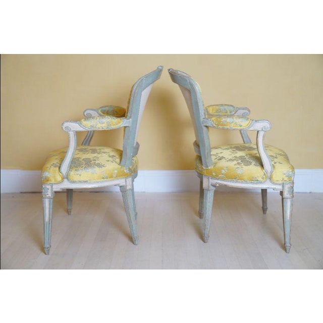 French 19th C. Louis XVI Style Silk Upholstered Painted Fauteuils - Set of 2 For Sale - Image 3 of 15