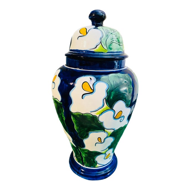 1980s Large Talavera Ceramic Calla Lilies Ginger Jar For Sale