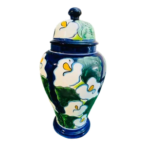 1980s Large Talavera Ceramic Calla Lilies Ginger Jar