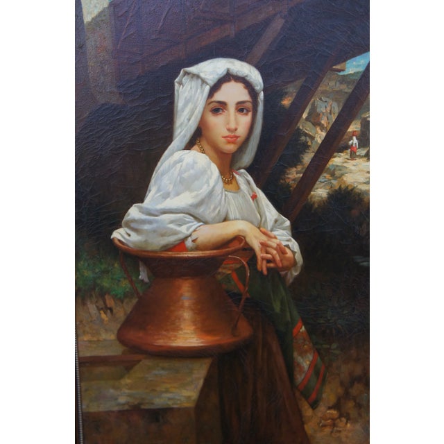 Late 20th Century Italian Girl Drawing Water Oil Painting After William Adolphe Bouguereau For Sale - Image 4 of 12