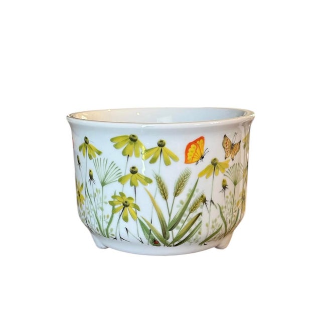 Mid-Century Modern Vintage Footed Ceramic Decoupage Style Botanical Ceramic Planter / Cachepot / Cache Pot With Butterfly, Dandelion & Cone Flower Florals, Circa 1970 For Sale - Image 3 of 5