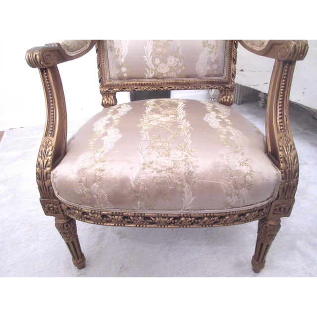 Antique French Louis Gilt Carved Bergere Chair With Damask Roses Fabric For Sale - Image 9 of 13