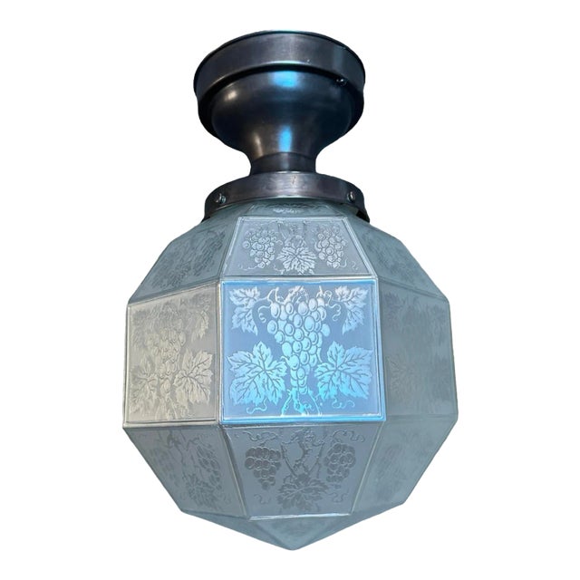 Frosted Etched Flushmount 8 Sided Flushmount Fixture, Circa 1910 For Sale