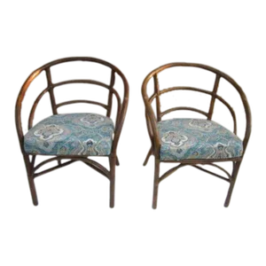 1970s Vintage Bent Bamboo Arm Chair Upholstered Seat Medium Tone- Set of 2
