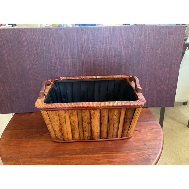 Beige Mid 20th Century Rattan Bamboo and Wood Basket With Handles For Sale - Image 8 of 10