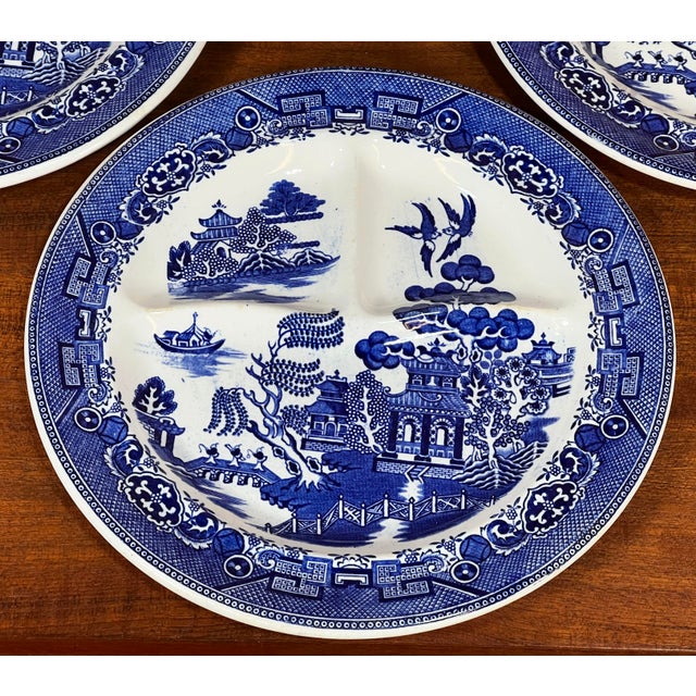 Vintage Blue Willow English Ceramic Divided Dinner Plates - Set of 6 For Sale - Image 4 of 9