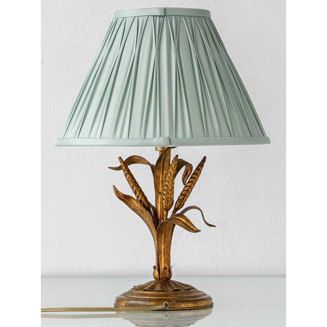 Vintage French Gilt Wheat Sheaf Table Lamp with New Silk Lampshade, 1950s For Sale - Image 6 of 18