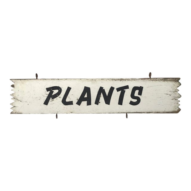 Vintage Black and White Wood Plants Sign For Sale