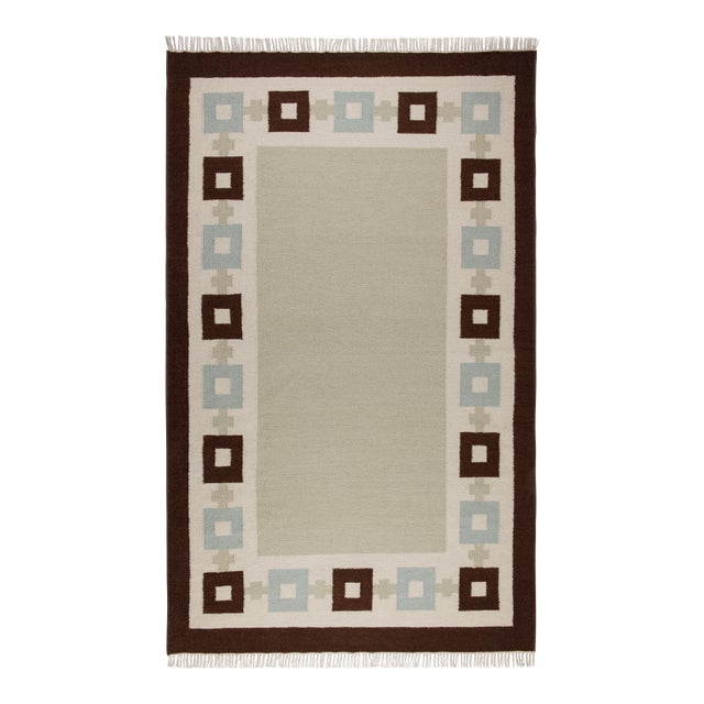 Part & Parcel Goods Wool Chain Rug 8' x 10', Celadon, Sky Blue, Chocolate and Eggshell For Sale