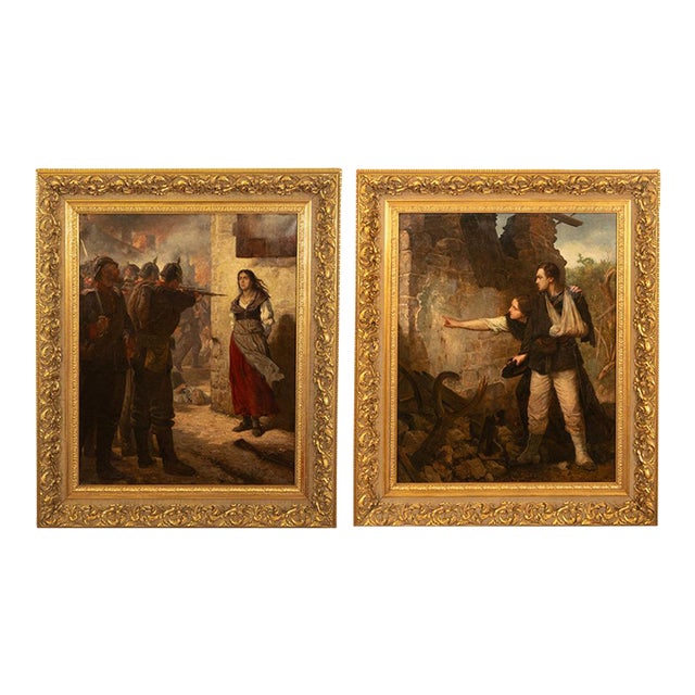 Pair French Franco-Prussian Historical Military War Propaganda Oil Paintings by Charles Louis Muller, 1870 For Sale