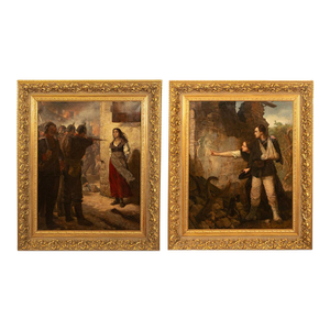 Pair French Franco-Prussian Historical Military War Propaganda Oil Paintings by Charles Louis Muller, 1870