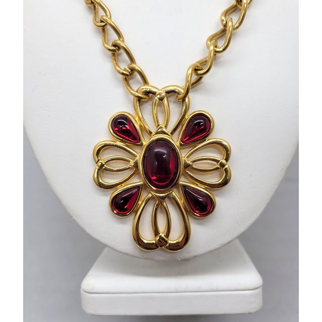 Metal Vintage 1989 Signed Napier Goldtone Cabochon Faux-Garnet Pendant Necklace For Sale - Image 7 of 7