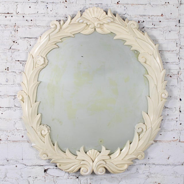 Marvelous vintage Art Deco or Art Nouveau large distressed off-white painted plaster round wall mirror with anthemion,...