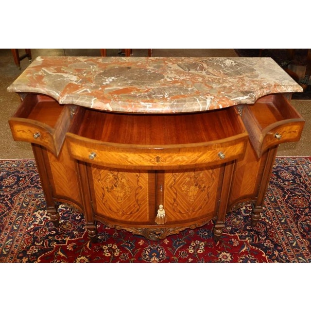 1920s 1920's French Louis XVI Style Marble Top Satinwood Inlaid Chest Dresser Commode For Sale - Image 5 of 15