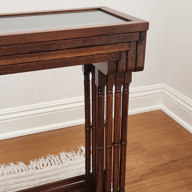 Vintage Brandt Furniture, Four Glass Top Nesting Tables (A Quartetto), Antique Mahogany Finish For Sale - Image 15 of 16