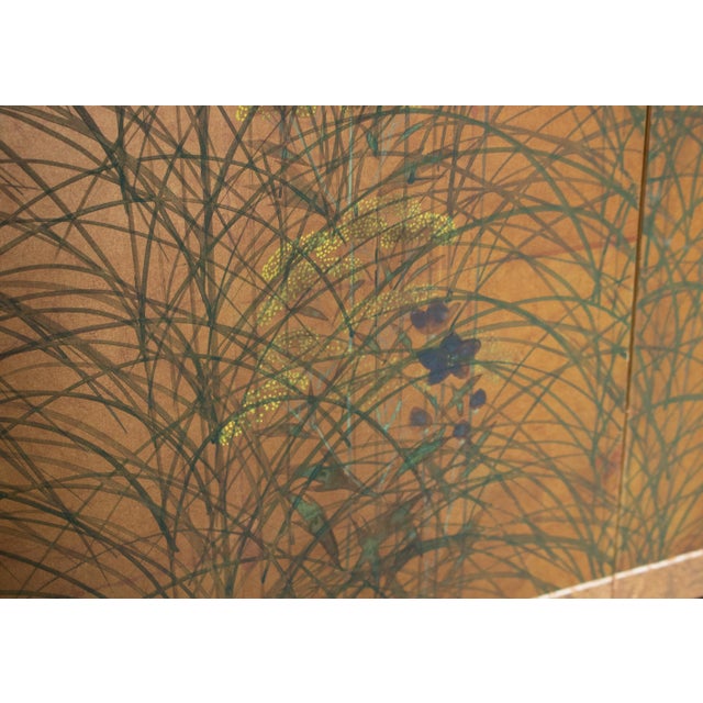 Wood "Quails and Pampas Grass" by Koga, 1970s Showa Era Japanese Byobu Screen For Sale - Image 7 of 18