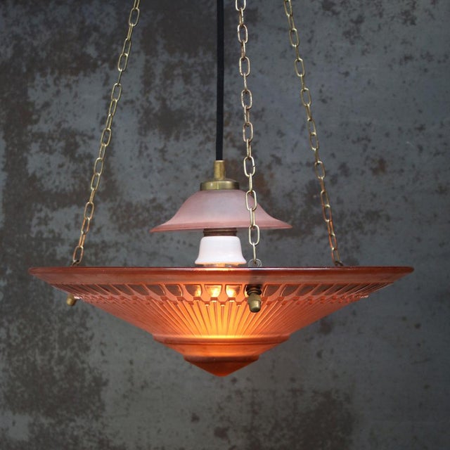 Art Deco French Brass and Red Pink Glass Pendant Light, 1920s For Sale - Image 3 of 11