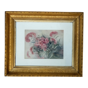 20th Century Botanical Watercolor Painting of Flowers in Gold Frame