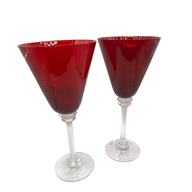 Mid-Century Modern Vintage Elegant Ruby Red Fluted Wine Goblets With Crystal Clear Stems - A Pair For Sale - Image 3 of 12