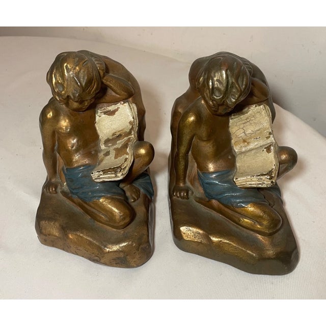 Bronze Large Pair Antique Armor Patinated Bronze Clad Co. Cherub Boy Reading Bookends For Sale - Image 8 of 12
