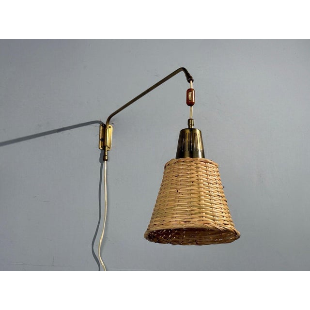 1970s Ateljé Lyktan, Articulating Wall Light, Brass, Cane, Teak For Sale - Image 4 of 8