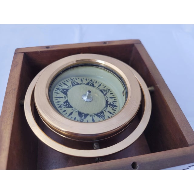 Brass Boat Compass in Varnished Wood Box For Sale - Image 9 of 9