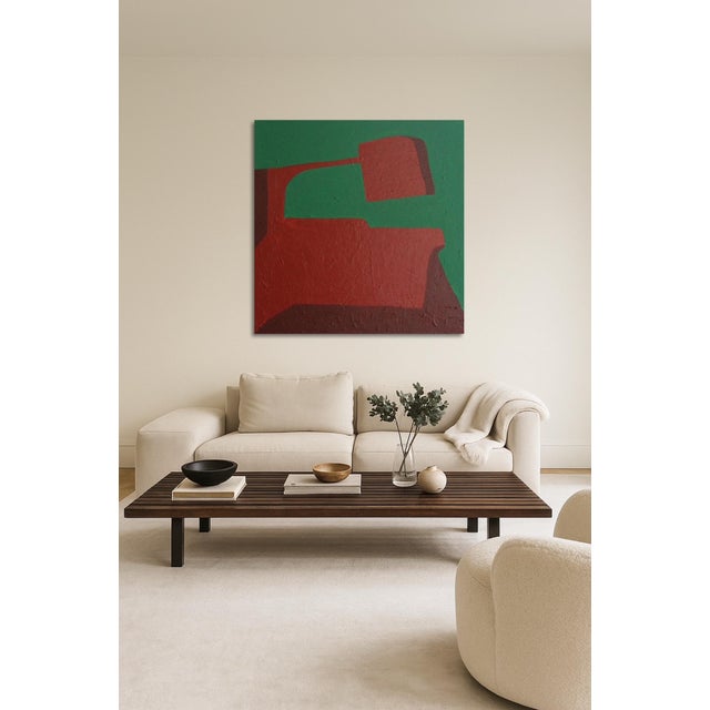 This striking abstract painting features a bold interplay of deep terracotta red and intense forest green, creating a...