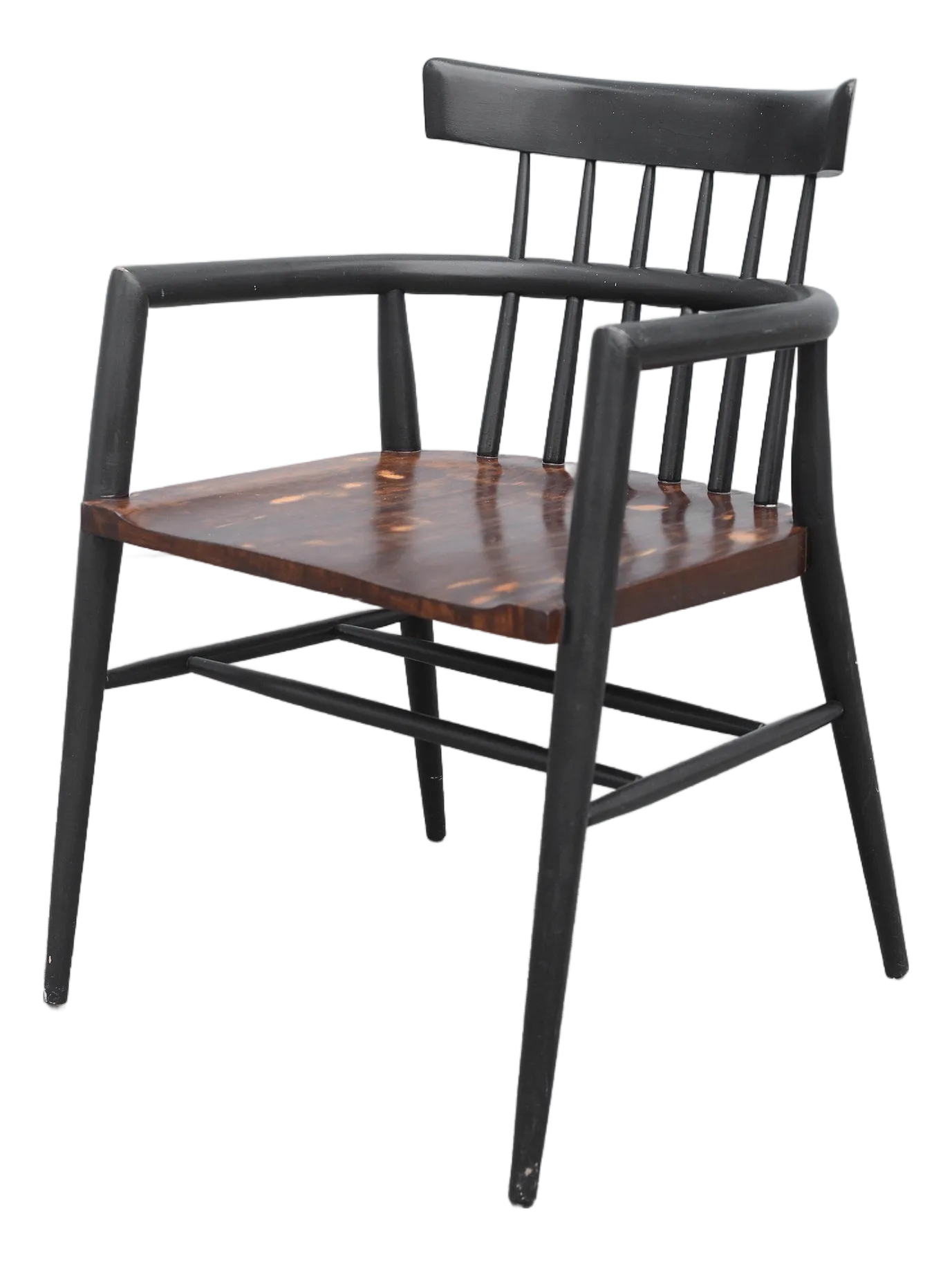 Black metal and wood dining chair on a white background.