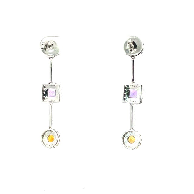18k White Gold Multicolor Sapphire & Diamond Drop Dangle Earrings, Pair For Sale - Image 4 of 5