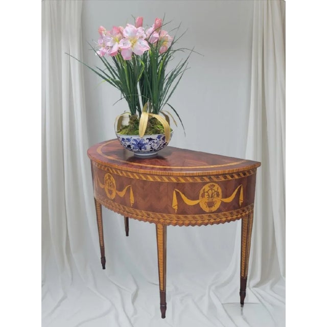 Brown Vintage Large Inlaid Wood Two Tone Jagged Apron Front Herringbone Demi-Lune Half Moon Console Table by Alfonso Marina For Sale - Image 8 of 11