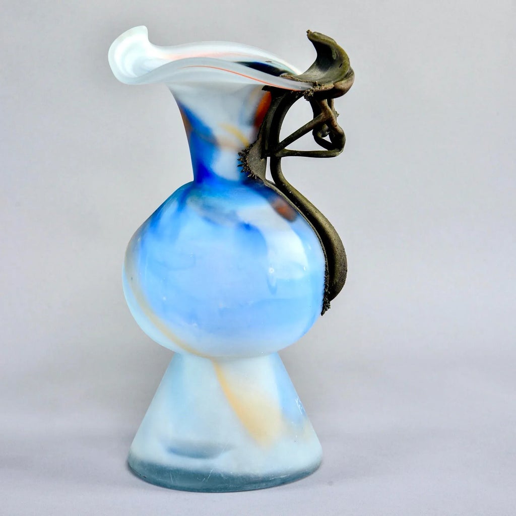 Filip Ravert Blue Art Glass Vase With Bronze Flower Overlay | Chairish