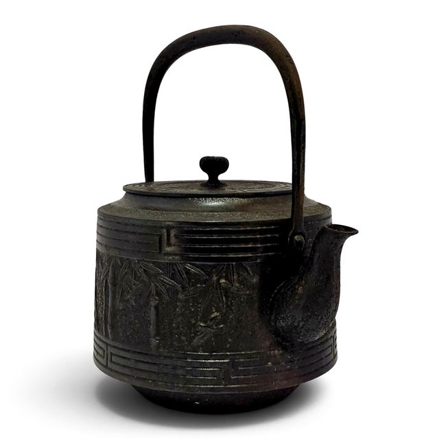 Japanese Mid-Century Japanese Shofudo Nambu Tekki Cast Iron Bamboo Tetsubin Tea Kettle For Sale - Image 3 of 15