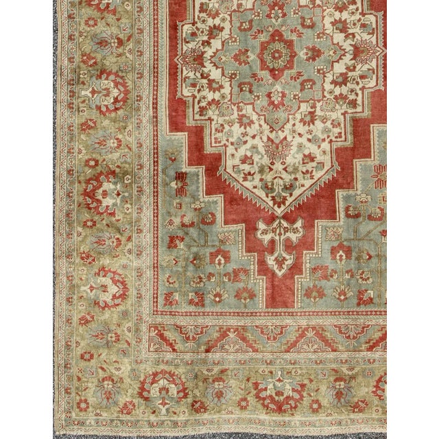 Tribal Floral Mid-Century Turkish Oushak Vintage Rug in Red, Blue, Green and Ivory 7'1" X 11'7" For Sale - Image 3 of 9