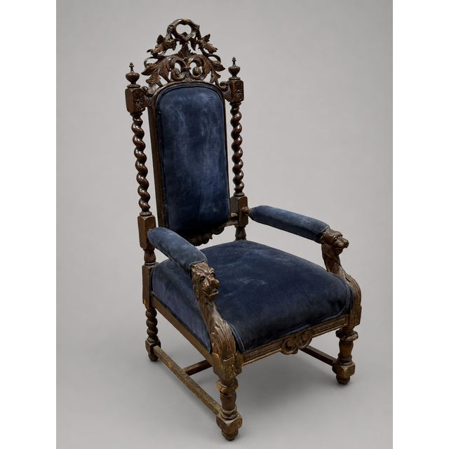 Gothic 19th Century Renaissance Revival Carved Lion Oak Arm Chair For Sale - Image 3 of 8