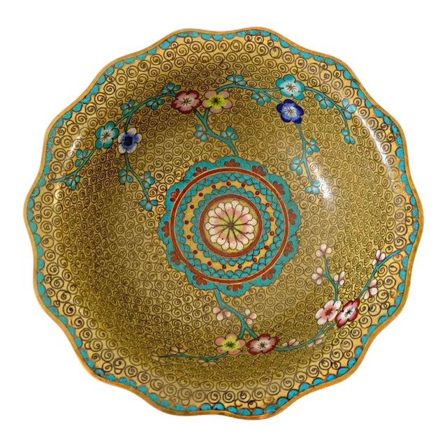 Vintage Chinoiserie Cloisonné Bowl Dish With Scalloped Edge, China For Sale