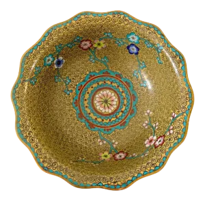 Vintage Chinoiserie Cloisonné Bowl Dish With Scalloped Edge, China