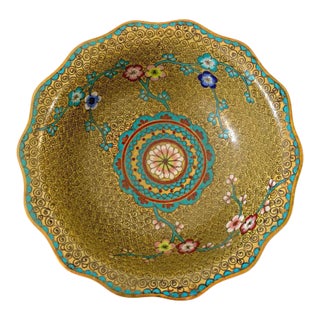 Vintage Chinoiserie Cloisonné Bowl Dish With Scalloped Edge From China For Sale