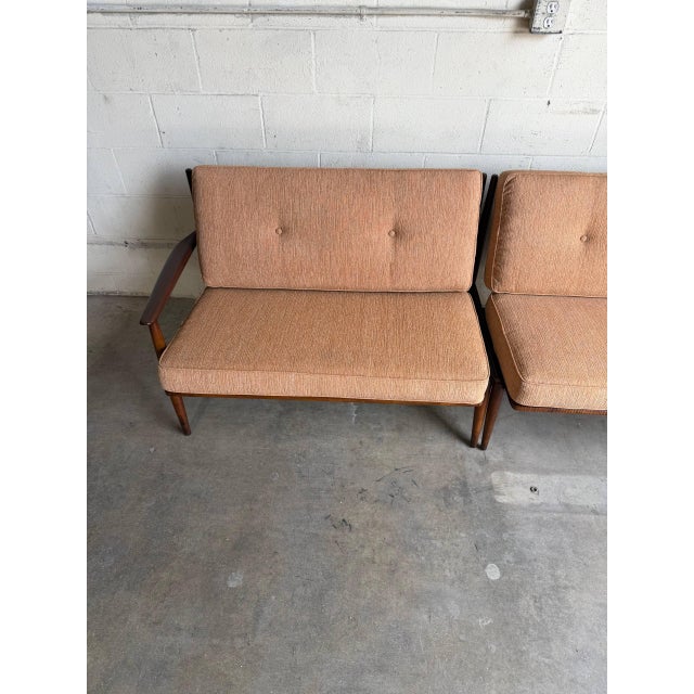 Mid-Century Modern Mid Century Walnut Sofa Set Loveseat Pair + Coffee Table 3 Piece For Sale - Image 3 of 10