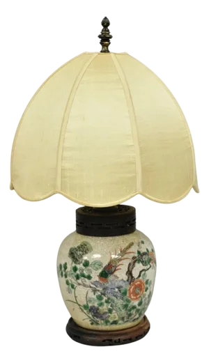 Antique Oriental Porcelain Bulbous Vase Bird Painted Table Lamp W/ Shade