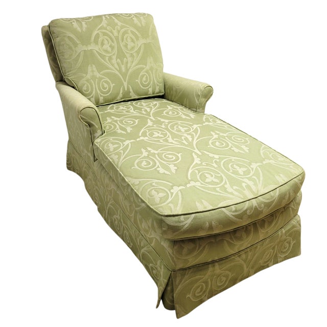 Custom Celadon Green Damask Upholstered Reading Chaise Lounge With Rolled Arms For Sale In Raleigh - Image 6 of 7